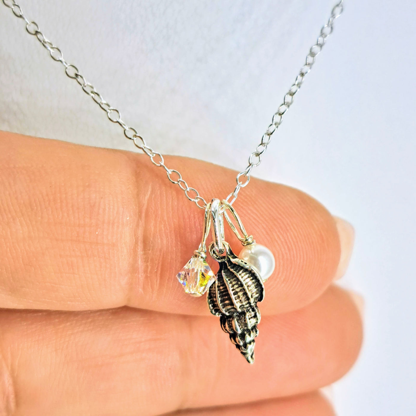 "Conch Charmer" 18" Pendant Necklace - Pearl, Crystal, Sterling