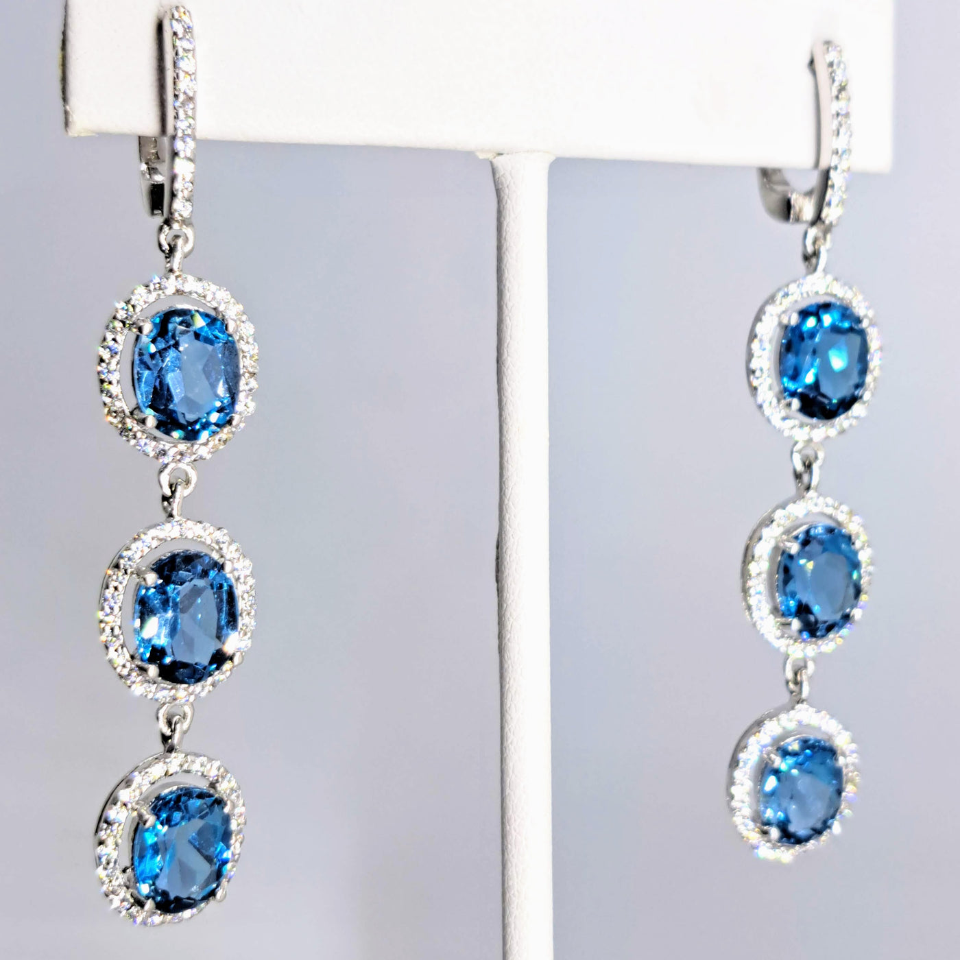 "Blue Angels" 2.5" Earrings - Topaz, Crystal, Anti-tarnish Sterling