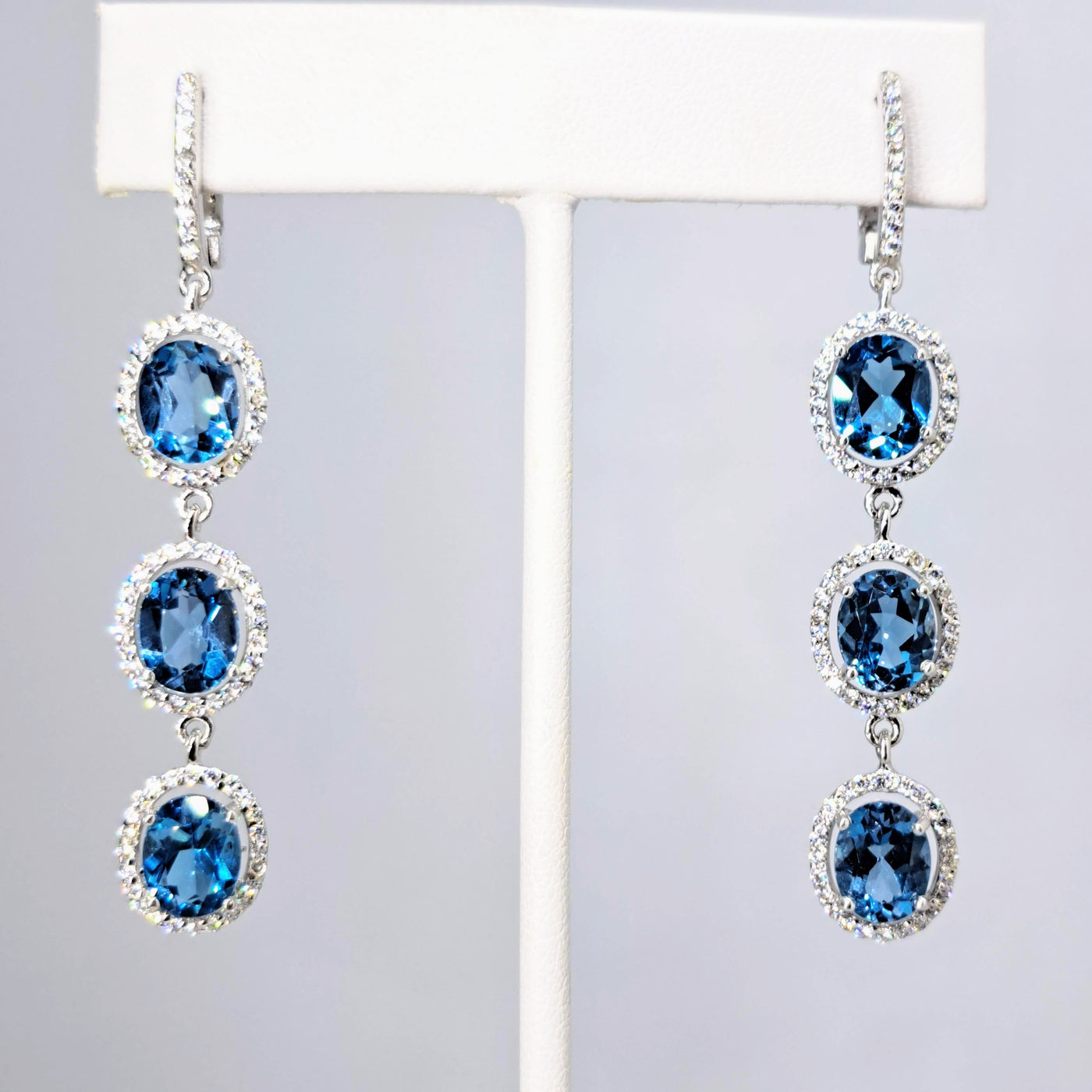 "Blue Angels" 2.5" Earrings - Topaz, Crystal, Anti-tarnish Sterling