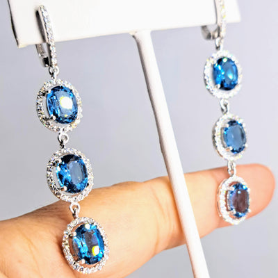 "Blue Angels" 2.5" Earrings - Topaz, Crystal, Anti-tarnish Sterling