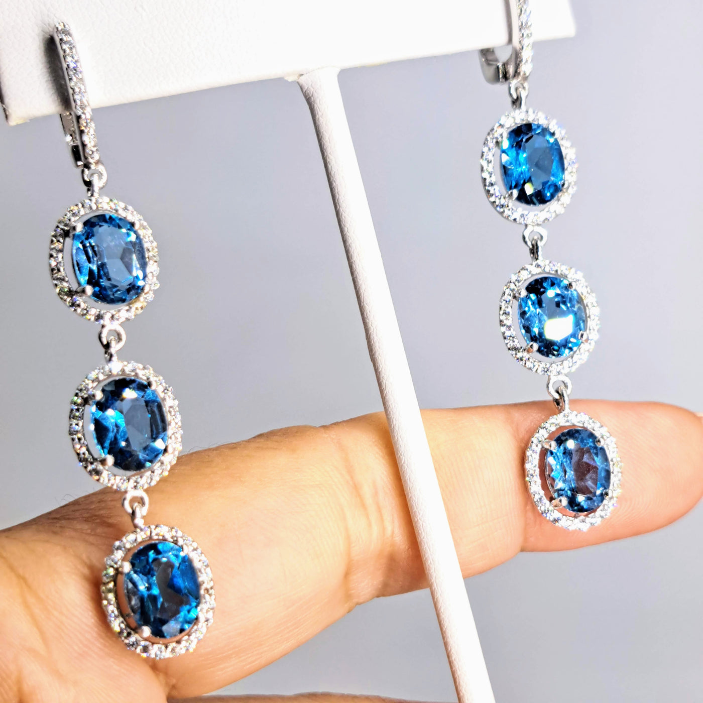 "Blue Angels" 2.5" Earrings - Topaz, Crystal, Anti-tarnish Sterling