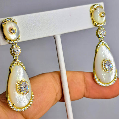 "South Sea Sparklers" 2" Earrings - South Sea Mother-Of-Pearl, Crystal, Gold Sterling