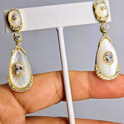 "South Sea Sparklers" 2" Earrings - South Sea Mother-Of-Pearl, Crystal, Gold Sterling