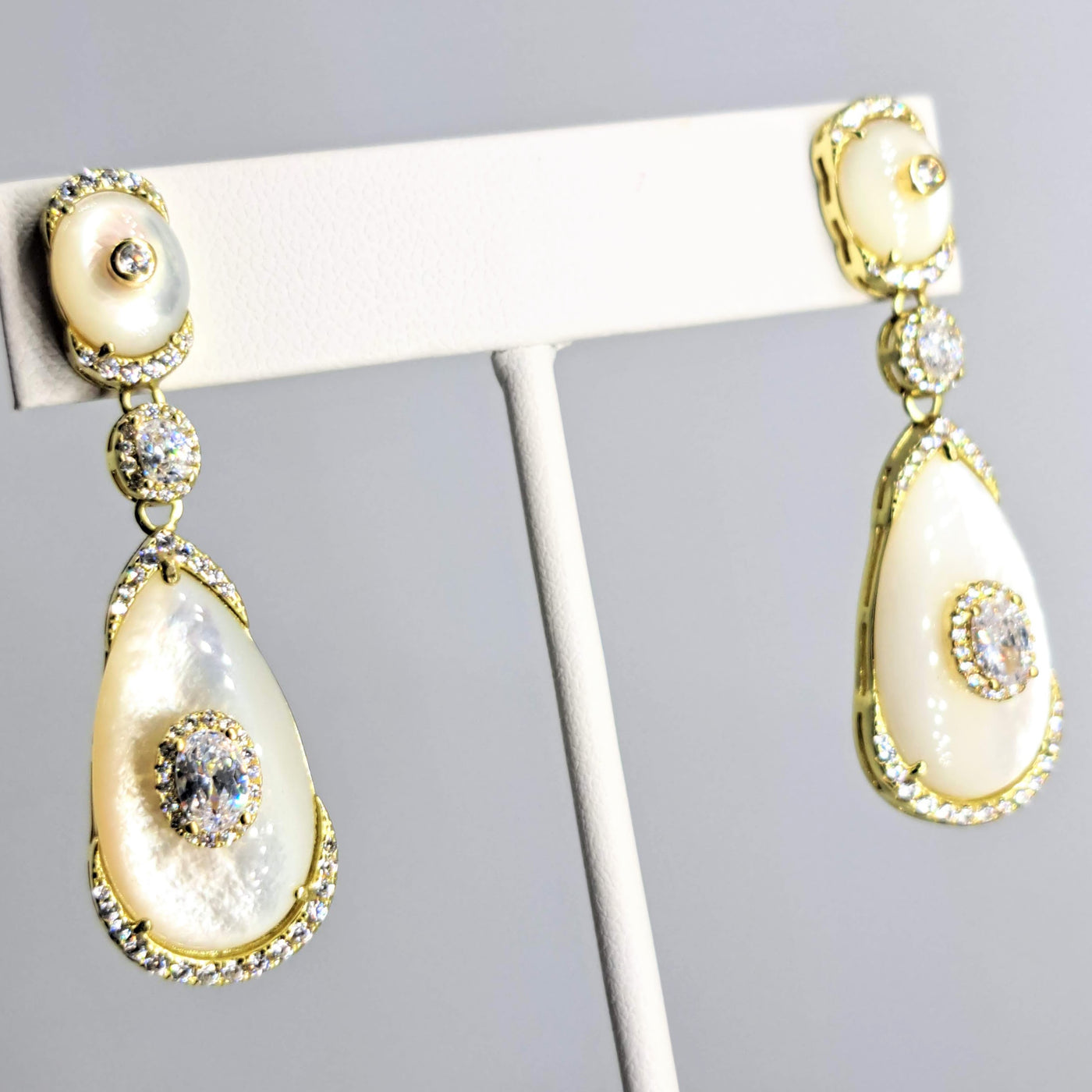 "South Sea Sparklers" 2" Earrings - South Sea Mother-Of-Pearl, Crystal, Gold Sterling