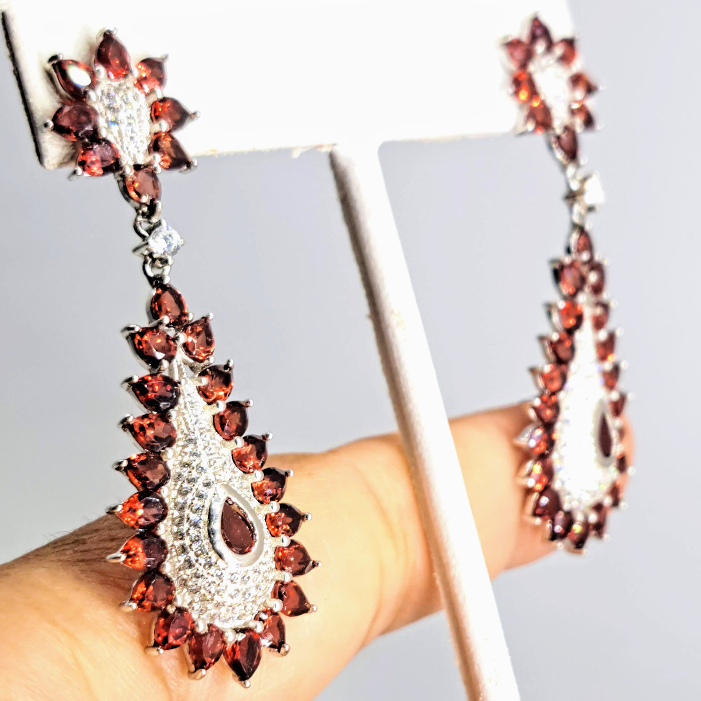 "Cranberry Spice!" 2.25" Earrings - Garnet, Zircon Stone, Anti-tarnish Sterling