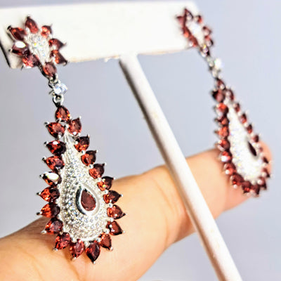 "Cranberry Spice!" 2.25" Earrings - Garnet, Zircon Stone, Anti-tarnish Sterling