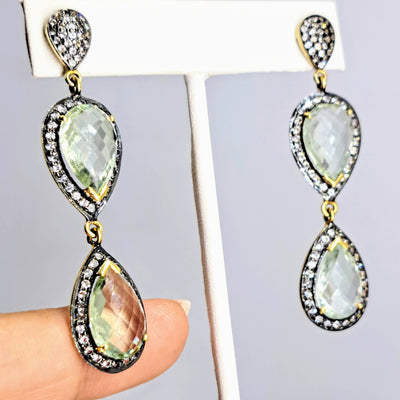 "Fresh Mist" 2.5" Earrings - Prasiolite, Topaz, 18k Gold Sterling