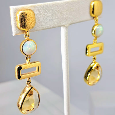 "Outta The Box" 2.25" Earrings - Opal, Citrine, 18k Gold Sterling