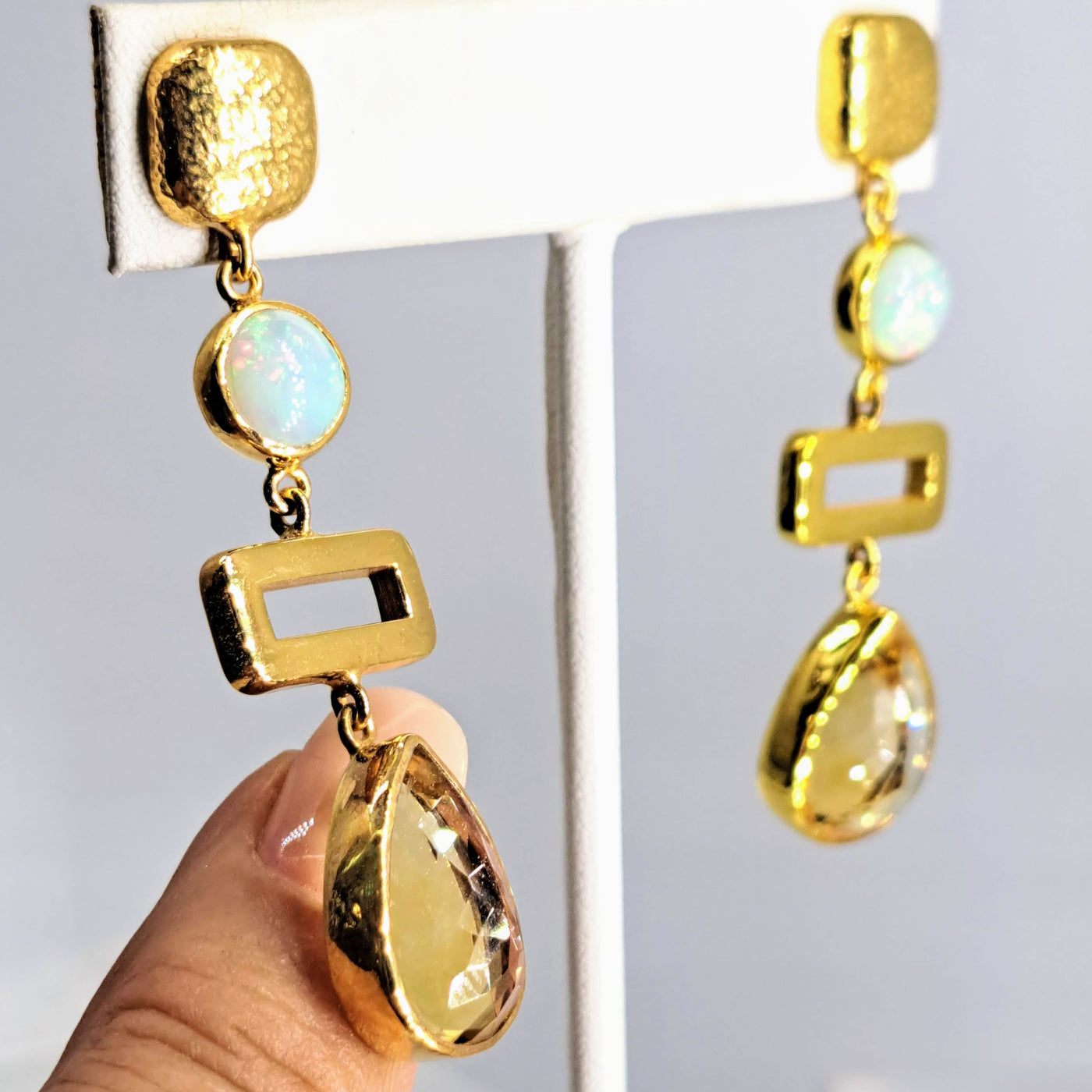 "Outta The Box" 2.25" Earrings - Opal, Citrine, 18k Gold Sterling