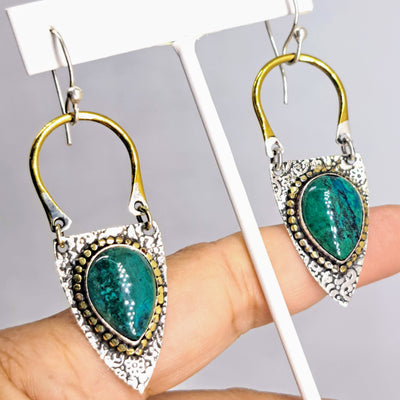 "Lady Purse" 2.5" Earrings - Chrysocolla, Sterling, Brass Accents