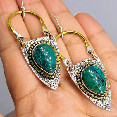 "Lady Purse" 2.5" Earrings - Chrysocolla, Sterling, Brass Accents