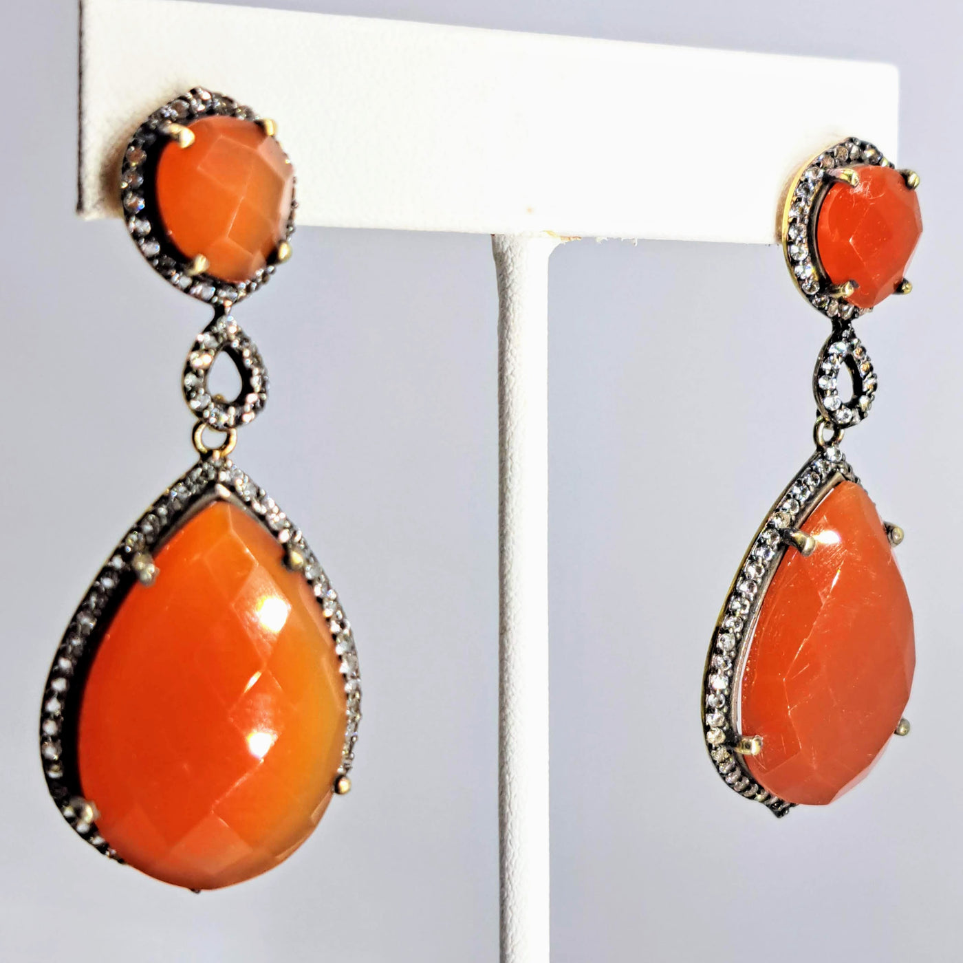 "Burnt Sienna Beauties" 2" Earrings - Carnelian, Topaz, 18k Gold Sterling