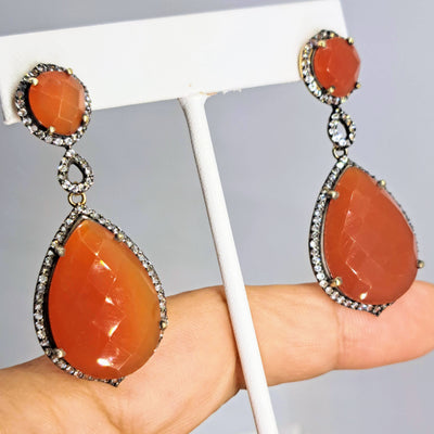 "Burnt Sienna Beauties" 2" Earrings - Carnelian, Topaz, 18k Gold Sterling