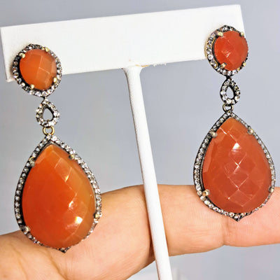 "Burnt Sienna Beauties" 2" Earrings - Carnelian, Topaz, 18k Gold Sterling