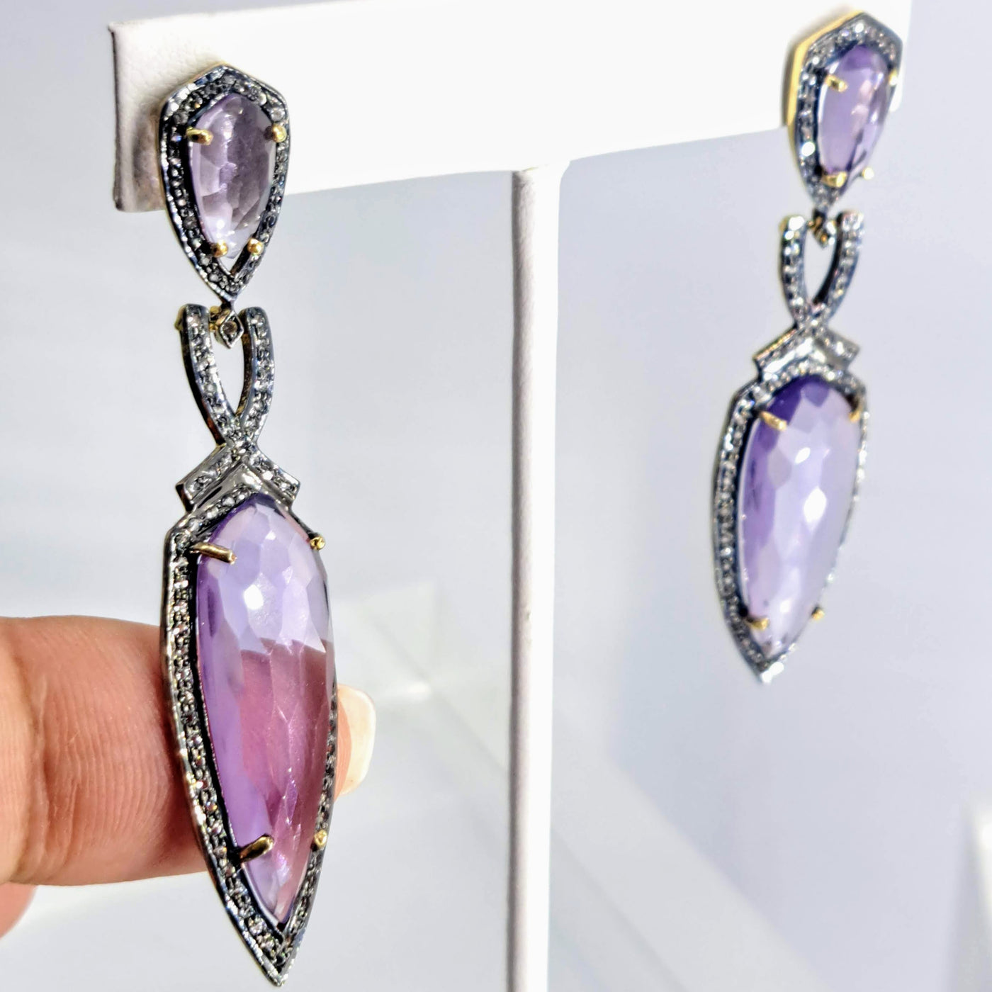 "French Lilac" 2.5" Earrings - Amethyst, Oxidized & 18k Gold Sterling