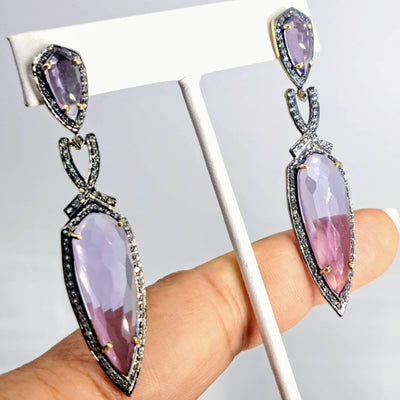 "French Lilac" 2.5" Earrings - Amethyst, Oxidized & 18k Gold Sterling