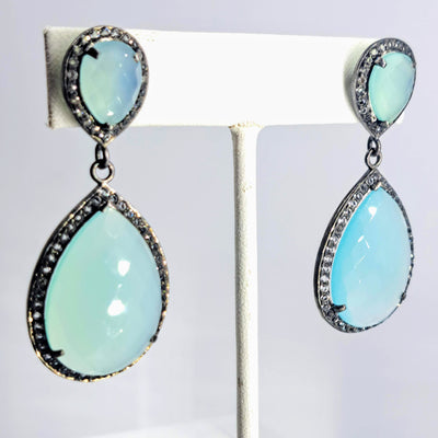 "Mint Julep" 2.25" Earrings - Chalcedony, Topaz, Oxidized & 18k Gold Sterling