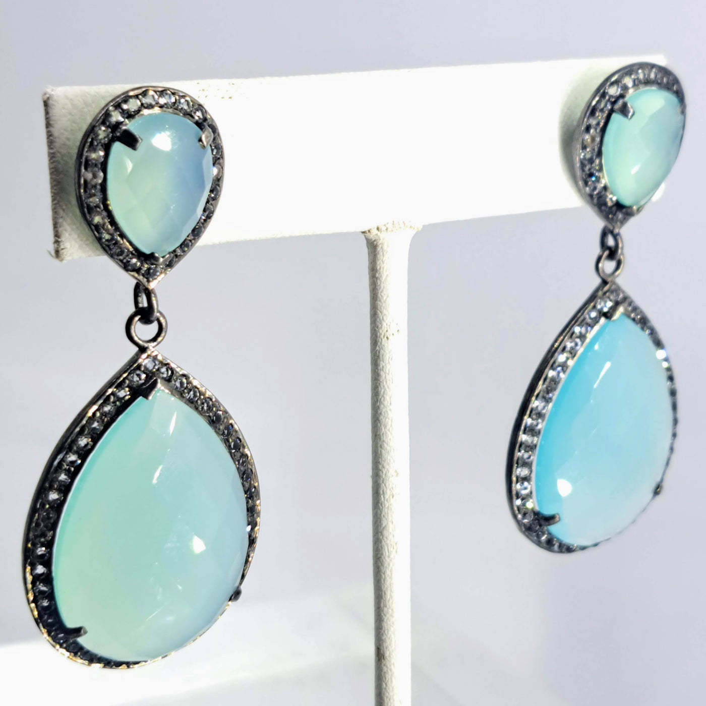 "Mint Julep" 2.25" Earrings - Chalcedony, Topaz, Oxidized & 18k Gold Sterling