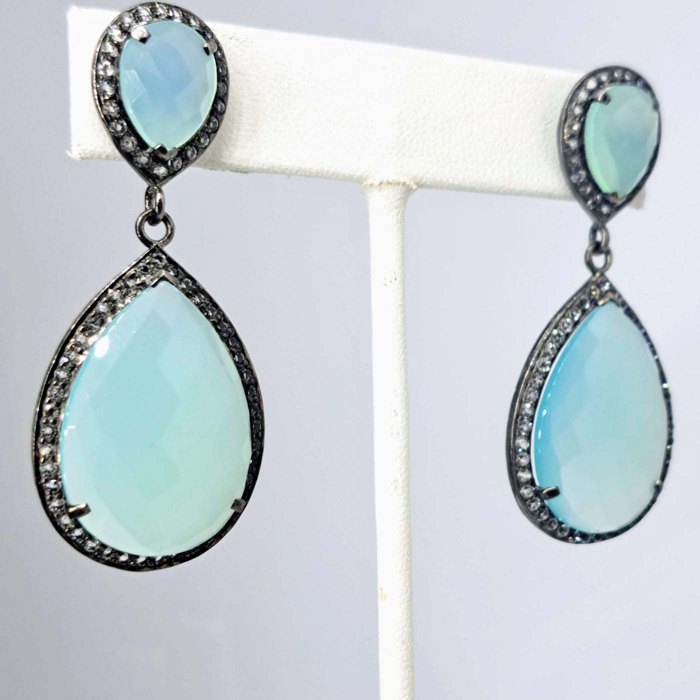 "Mint Julep" 2.25" Earrings - Chalcedony, Topaz, Oxidized & 18k Gold Sterling