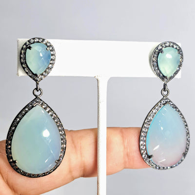 "Mint Julep" 2.25" Earrings - Chalcedony, Topaz, Oxidized & 18k Gold Sterling