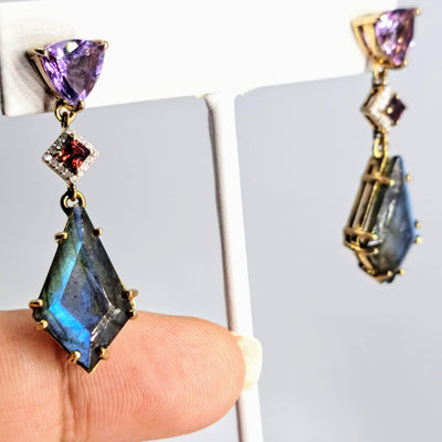 "Twilight Twinklers" 1.75" Earrings - Amethyst, Labradorite, Garnet, Diamond, 18k Gold Sterling