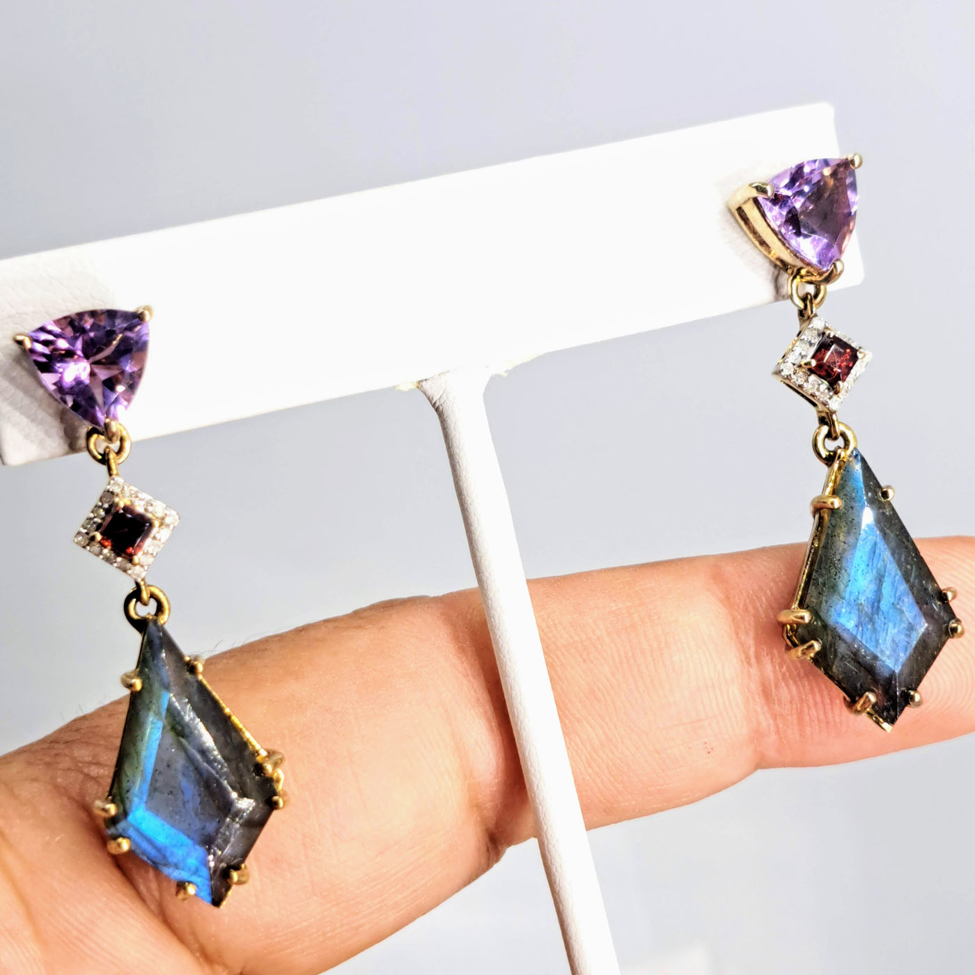 "Twilight Twinklers" 1.75" Earrings - Amethyst, Labradorite, Garnet, Diamond, 18k Gold Sterling