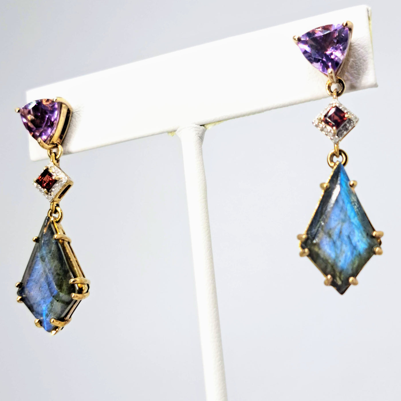 "Twilight Twinklers" 1.75" Earrings - Amethyst, Labradorite, Garnet, Diamond, 18k Gold Sterling