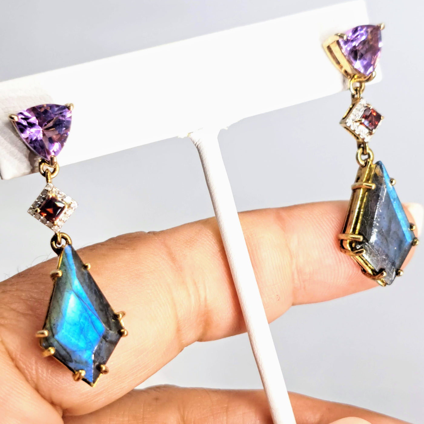 "Twilight Twinklers" 1.75" Earrings - Amethyst, Labradorite, Garnet, Diamond, 18k Gold Sterling