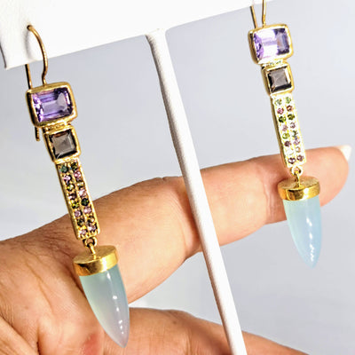 "Pointer Sisters" 2.75" Earrings - Amethyst, Quartz, Chalcedony, Tourmaline, 18k Gold Sterling