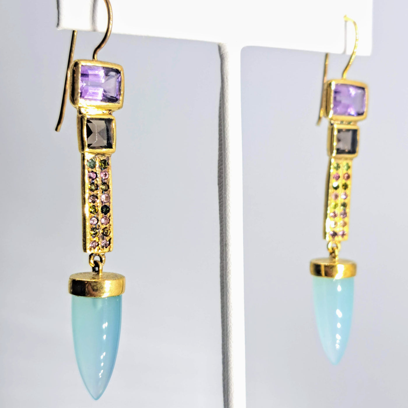 "Pointer Sisters" 2.75" Earrings - Amethyst, Quartz, Chalcedony, Tourmaline, 18k Gold Sterling