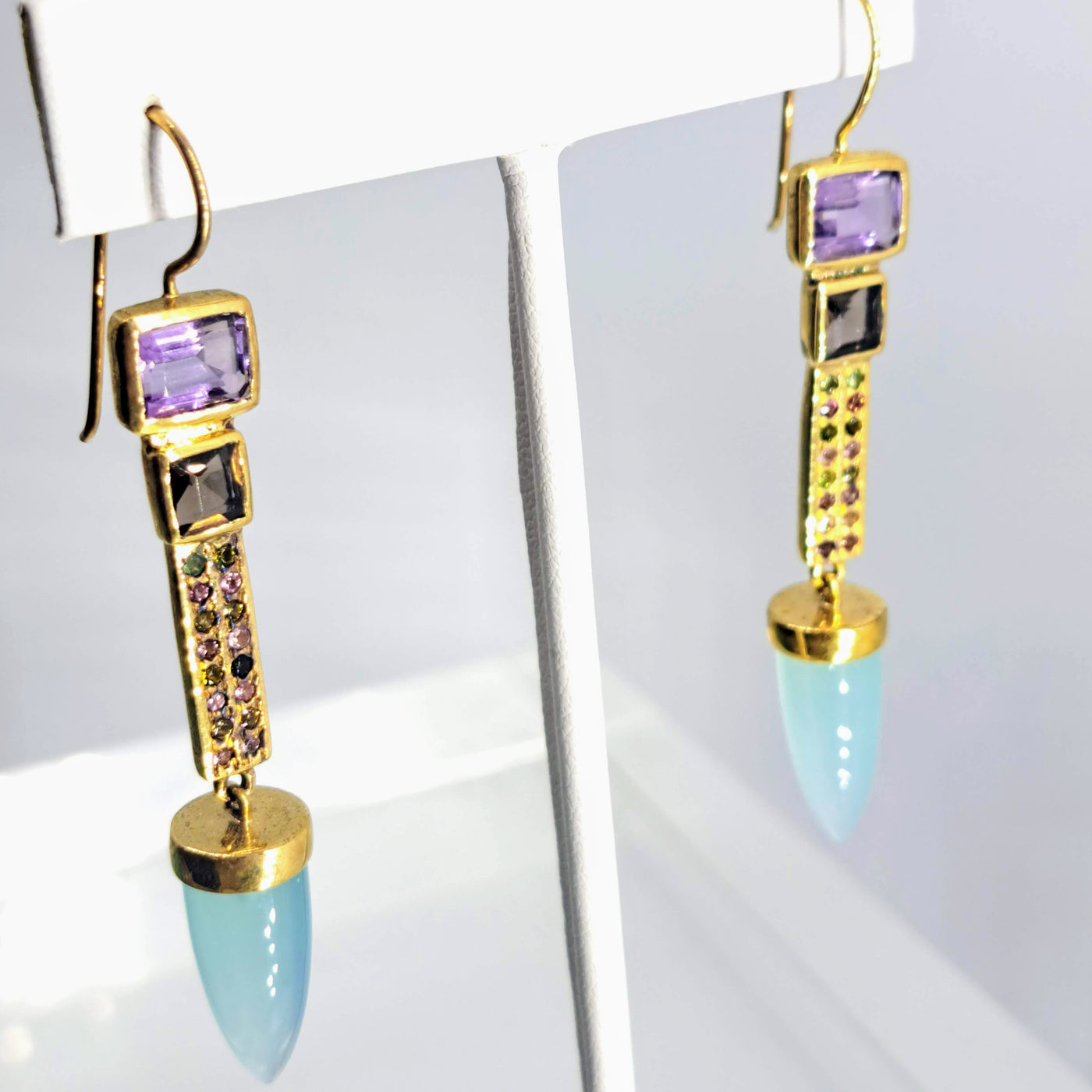 "Pointer Sisters" 2.75" Earrings - Amethyst, Quartz, Chalcedony, Tourmaline, 18k Gold Sterling