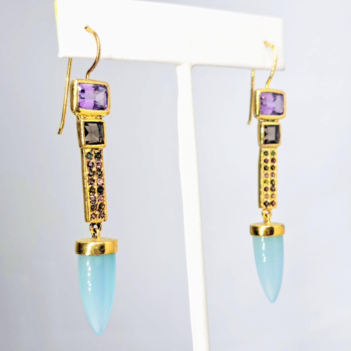 "Pointer Sisters" 2.75" Earrings - Amethyst, Quartz, Chalcedony, Tourmaline, 18k Gold Sterling