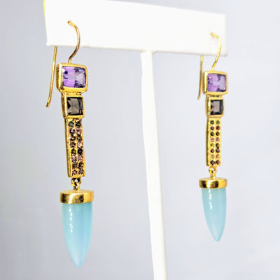 "Pointer Sisters" 2.75" Earrings - Amethyst, Quartz, Chalcedony, Tourmaline, 18k Gold Sterling