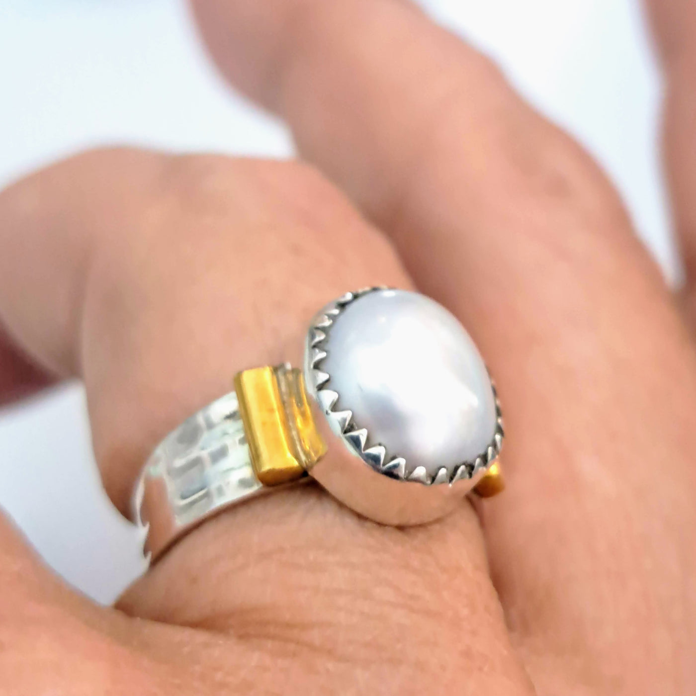 "Smooth & Cool" Sz 7 Ring - Pearl, Sterling, 18k Gold