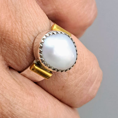 "Smooth & Cool" Sz 7 Ring - Pearl, Sterling, 18k Gold