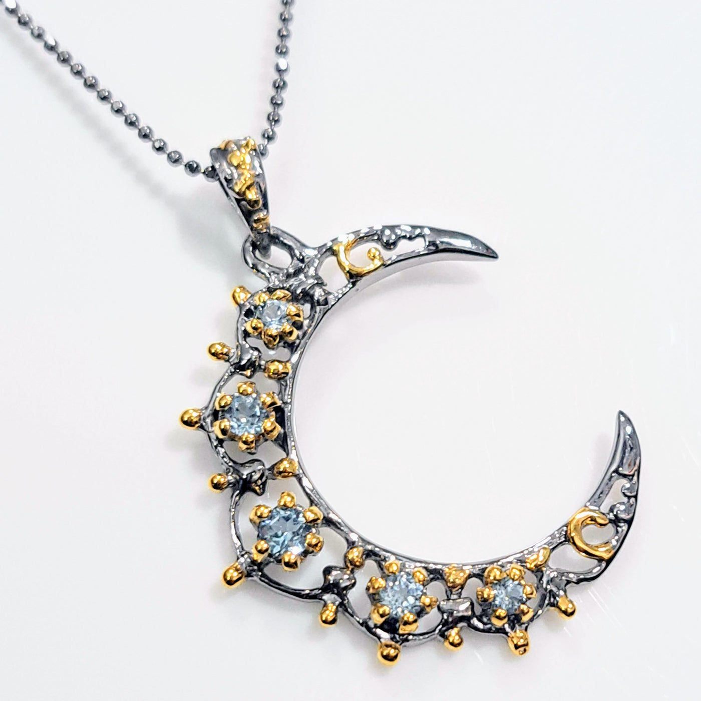 "Blue Moon" Pendant Necklace - Topaz, Black Sterling, 18K Gold