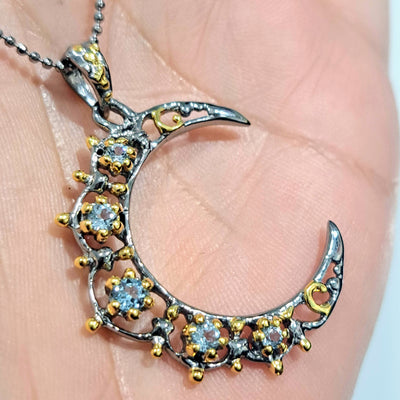 "Blue Moon" Pendant Necklace - Topaz, Black Sterling, 18K Gold