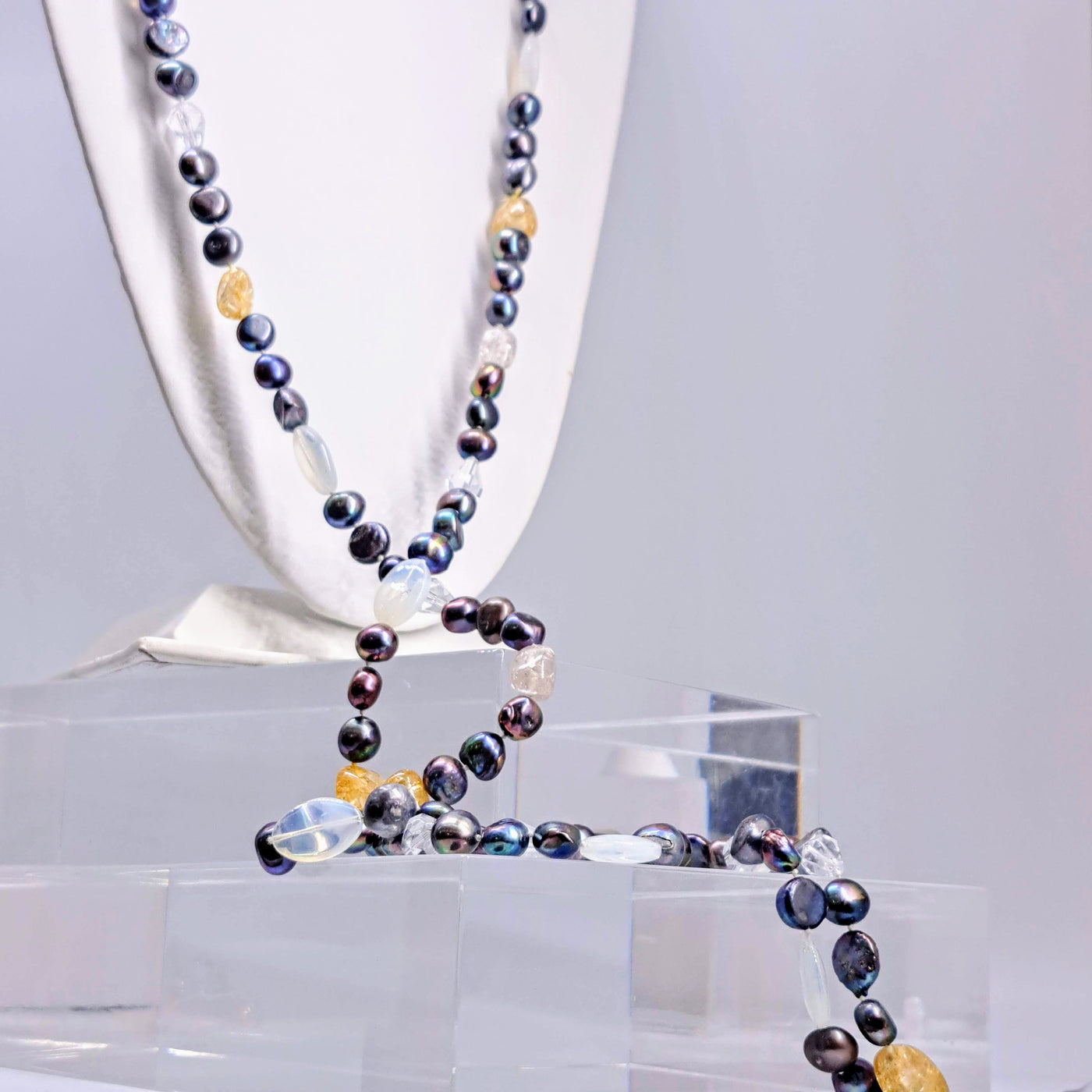 "Peacock-Pretty" 64" Necklace - Pearls, Crystals, Opalite, Mixed Gems (Your Choice)