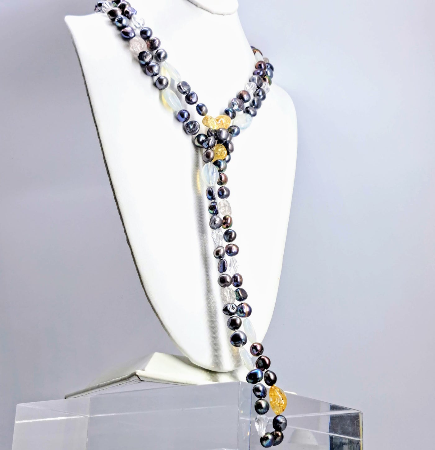 "Peacock-Pretty" 64" Necklace - Pearls, Crystals, Opalite, Mixed Gems (Your Choice)