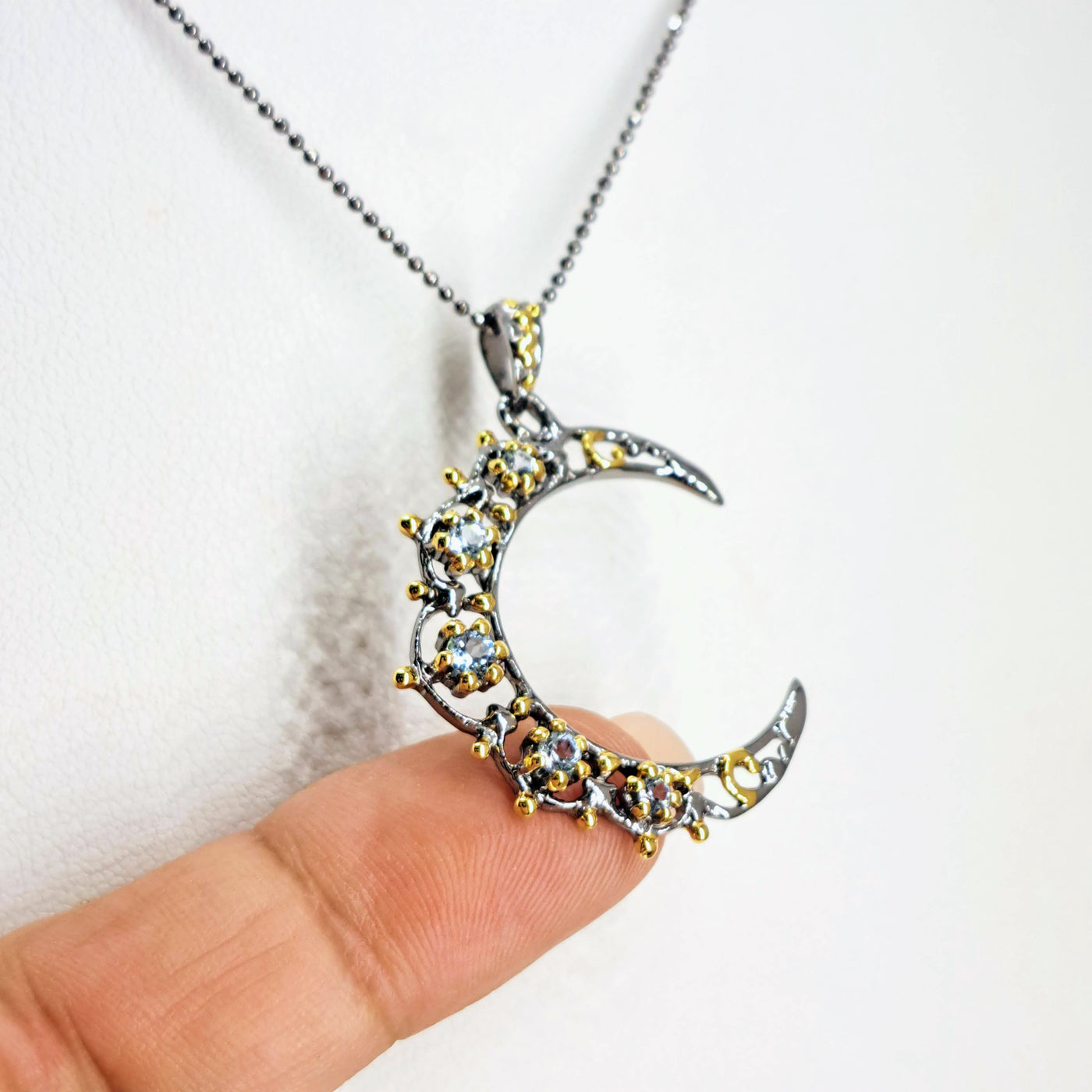 "Blue Moon" Pendant Necklace - Topaz, Black Sterling, 18K Gold