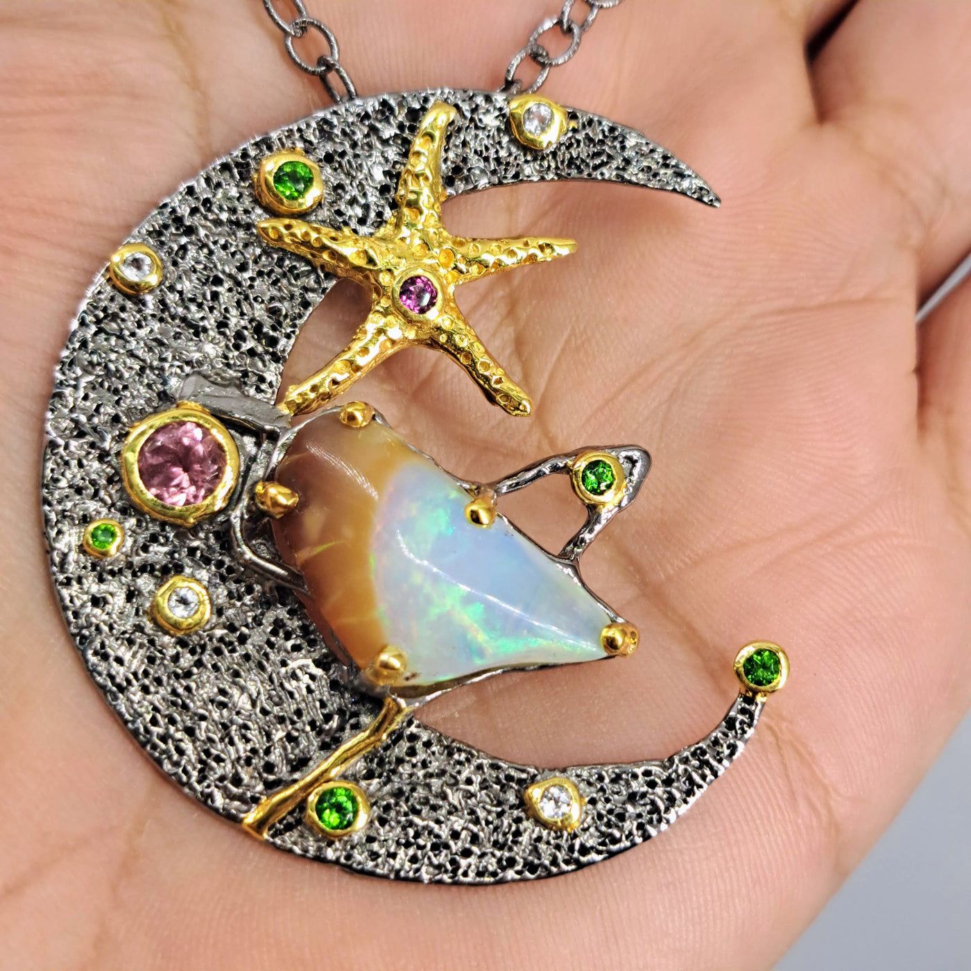 "Ocean Moon" Pendant Necklace - Opal, Tourmaline, Zircon Stone, Tsavorite Garnet, Black Sterling, 18k Gold