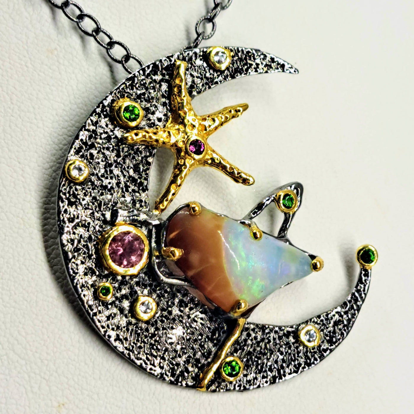 "Ocean Moon" Pendant Necklace - Opal, Tourmaline, Zircon Stone, Tsavorite Garnet, Black Sterling, 18k Gold