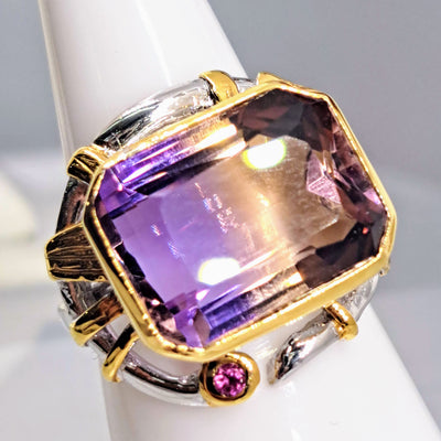 "Ametrine Dream" Sz 8 Ring - Ametrine, Tourmaline, Anti-tarnish Sterling, 18K Gold