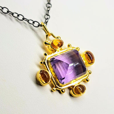 "The Royalle" Pendant Necklace - Amethyst, Citrine, Black & 18k Gold Sterling