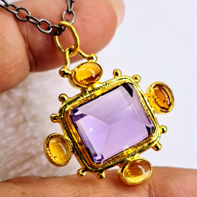 "The Royalle" Pendant Necklace - Amethyst, Citrine, Black & 18k Gold Sterling