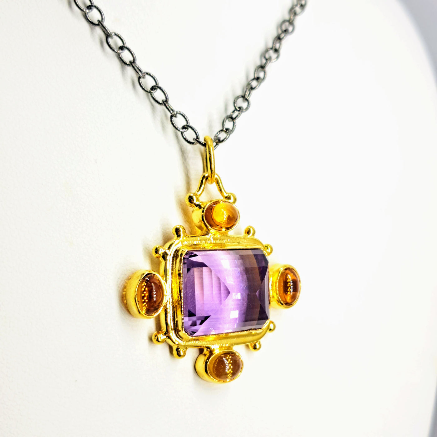 "The Royalle" Pendant Necklace - Amethyst, Citrine, Black & 18k Gold Sterling