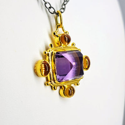 "The Royalle" Pendant Necklace - Amethyst, Citrine, Black & 18k Gold Sterling