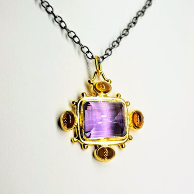 "The Royalle" Pendant Necklace - Amethyst, Citrine, Black & 18k Gold Sterling