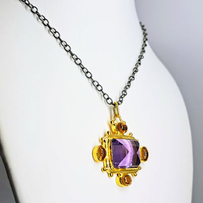 "The Royalle" Pendant Necklace - Amethyst, Citrine, Black & 18k Gold Sterling