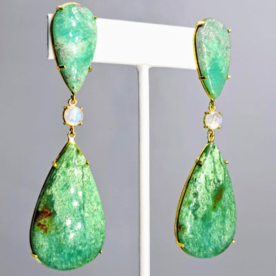 "Fresh Greens" 3" Earrings - Chrysoprase, Moonstone, 18k Gold Sterling